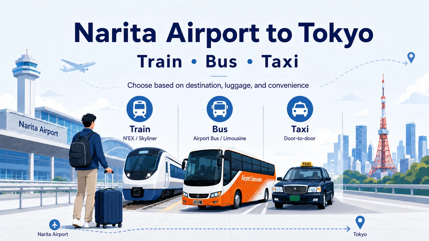 Illustrated guide showing train, airport bus and taxi options from Narita Airport to Tokyo, including N’EX, Skyliner and door-to-door taxi.