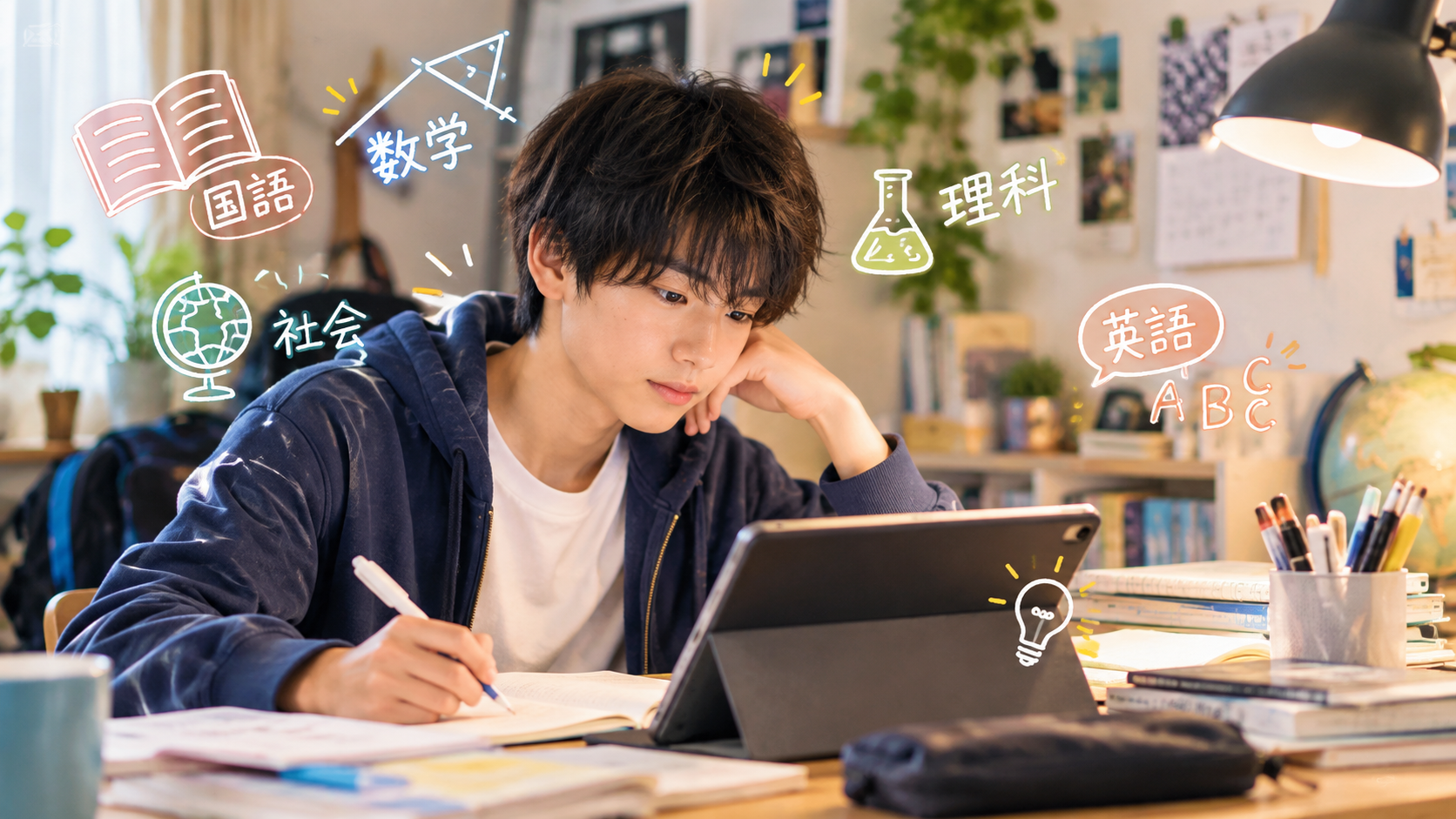 タブレットで家庭学習をする中学生の男の子