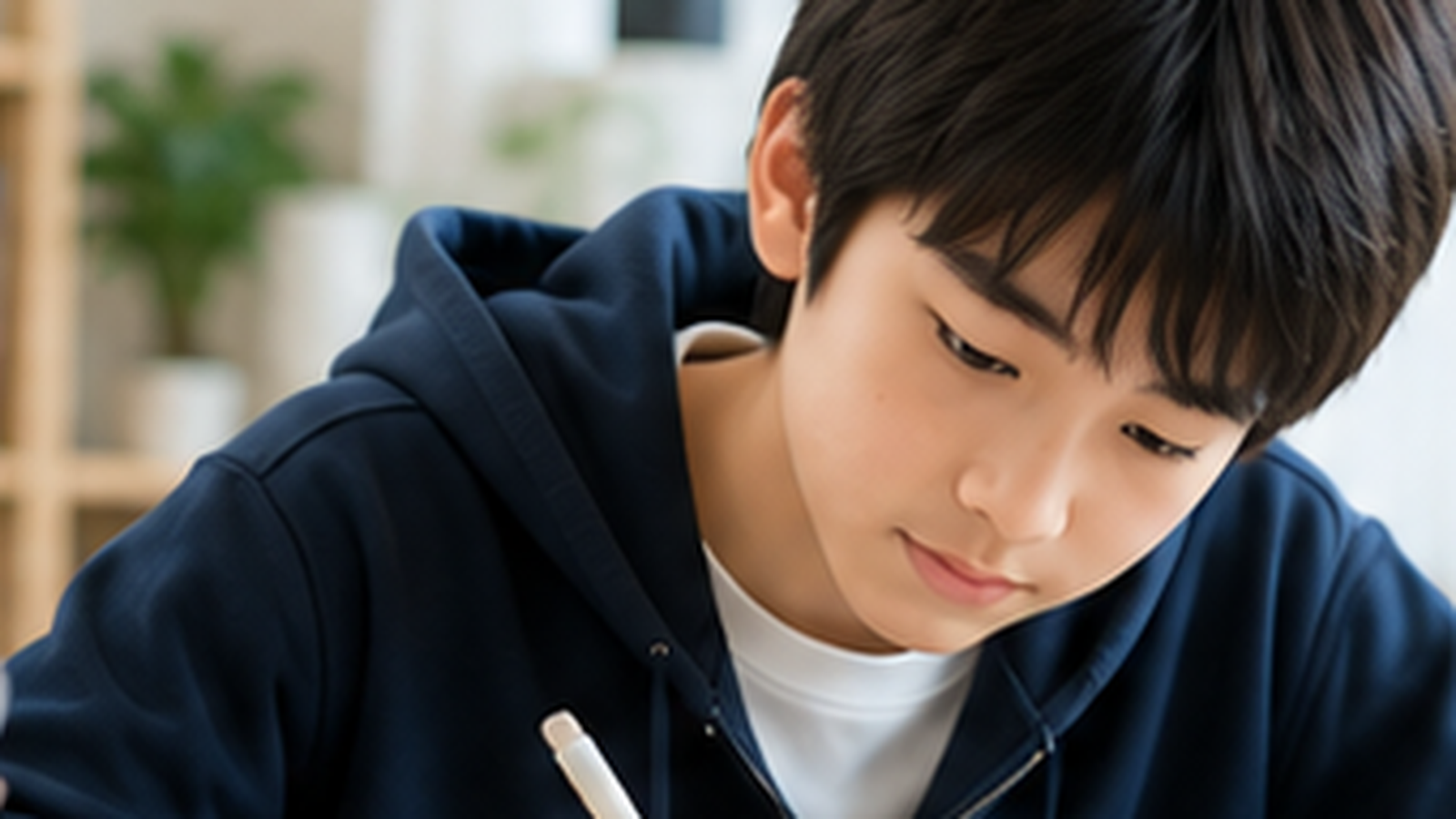 机で勉強する中学生の男の子