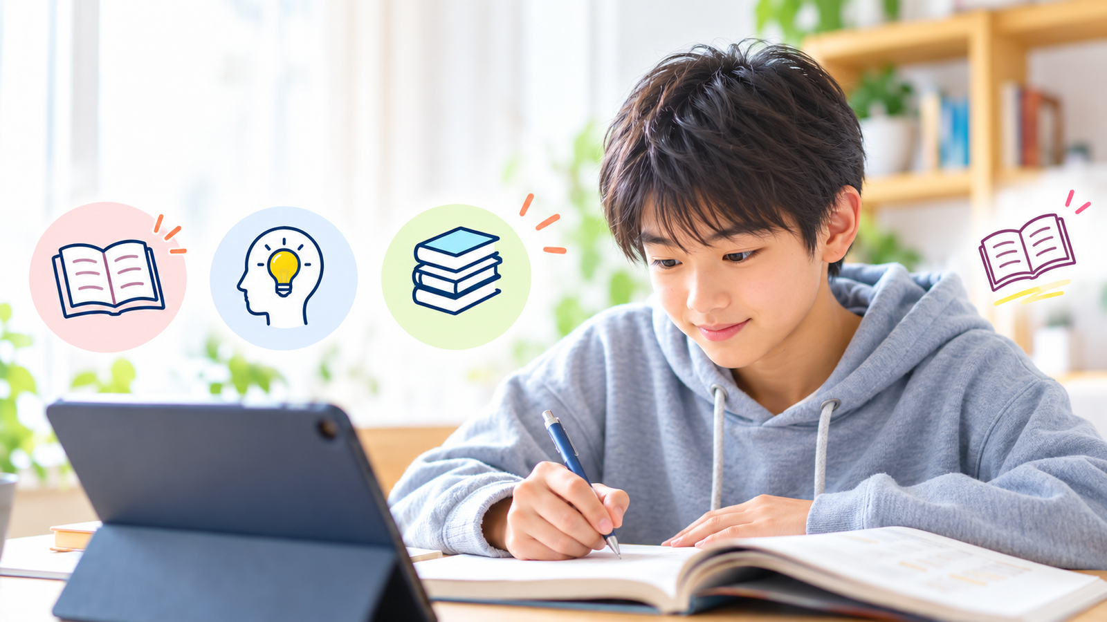 タブレットと教材で学習する中学生の男の子