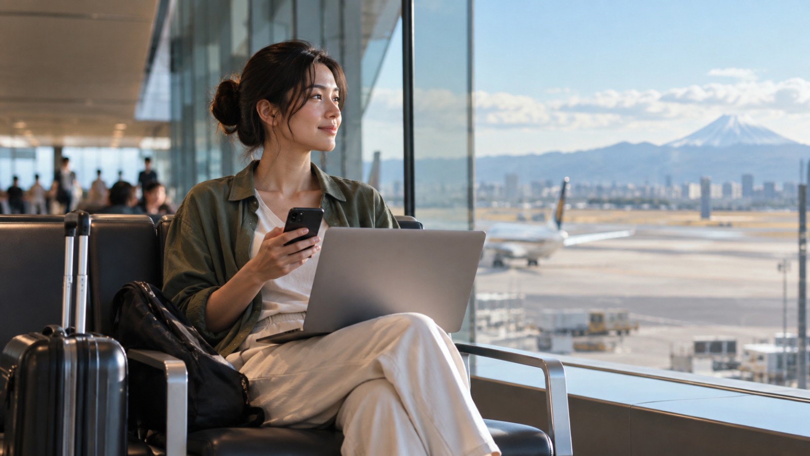 Traveler using a smartphone and laptop at a Japanese airport