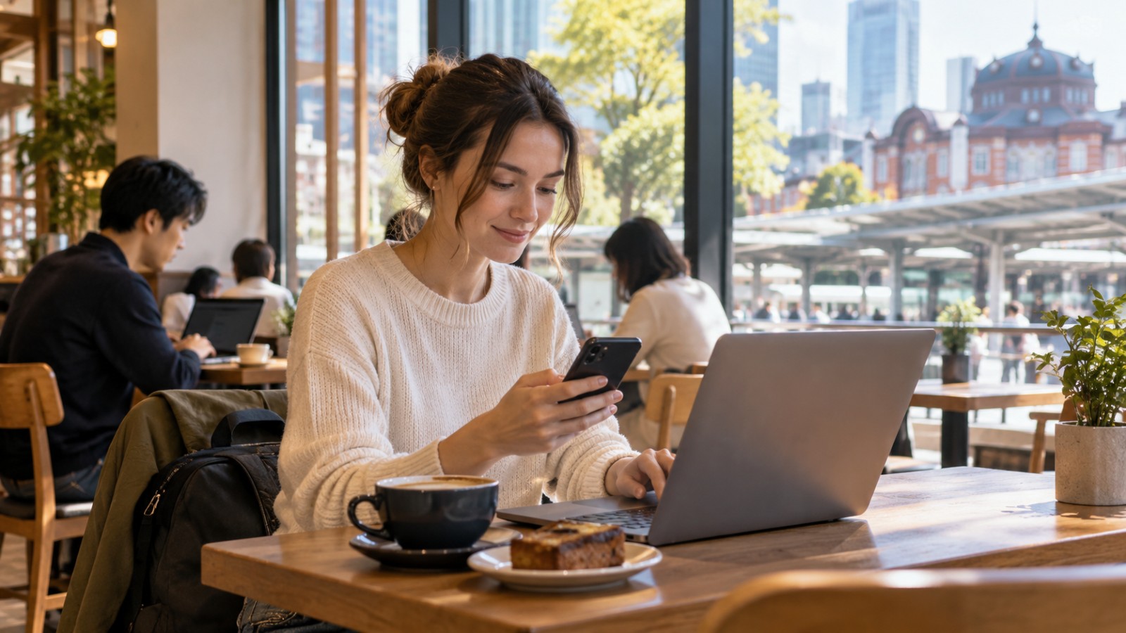 Traveler using a smartphone and laptop in a Japanese café