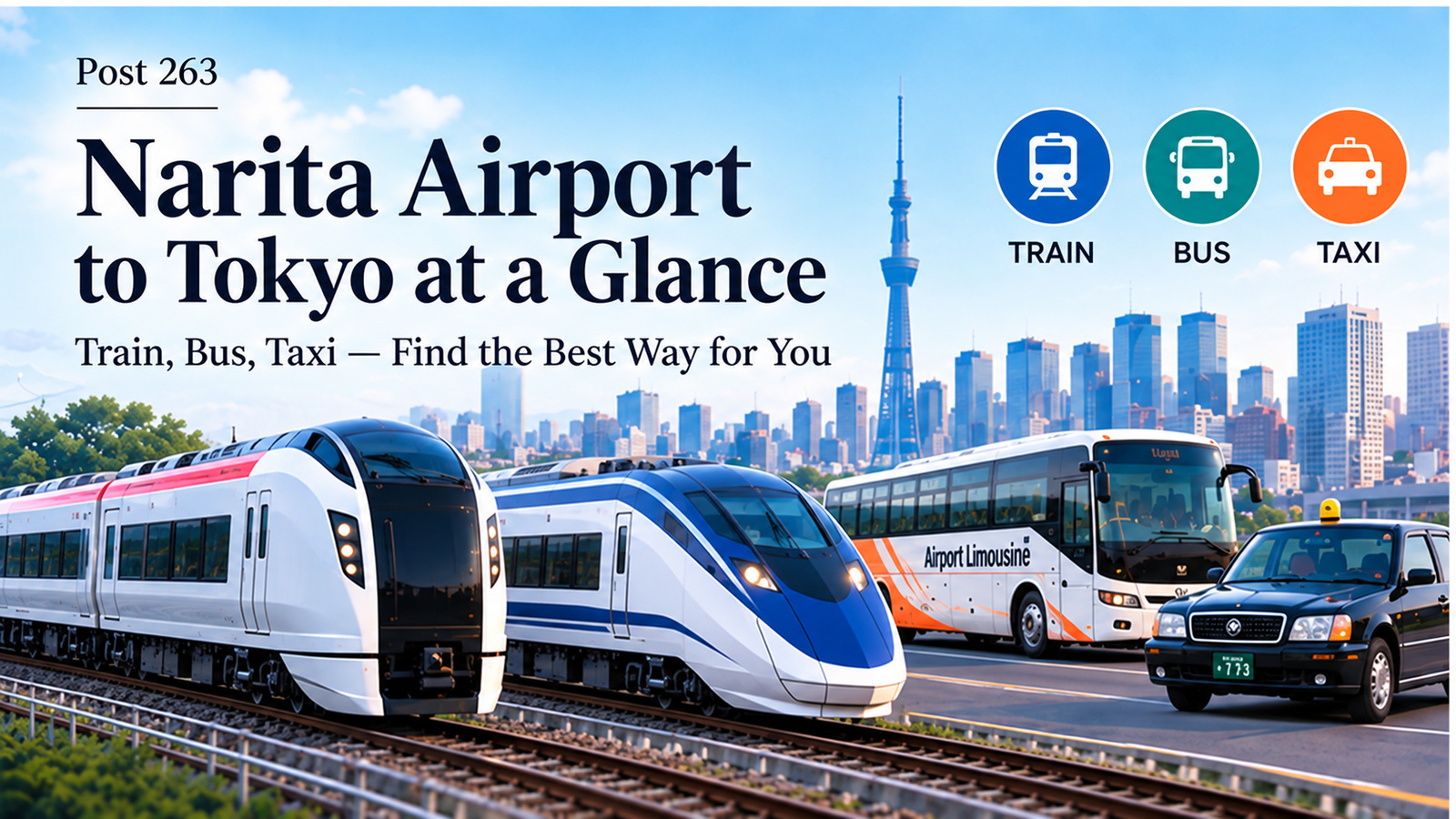 Narita Airport to Tokyo guide showing two airport trains, a bus and a taxi