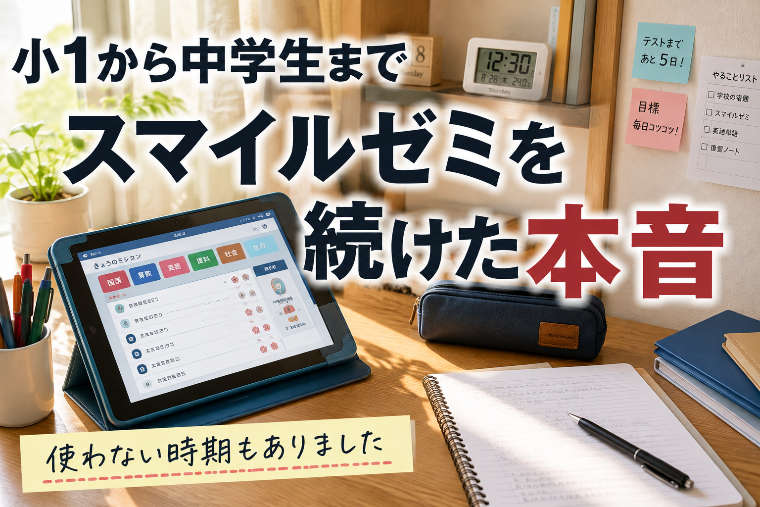 小1から中学生までスマイルゼミを続けた体験を紹介する学習机とタブレットの画像