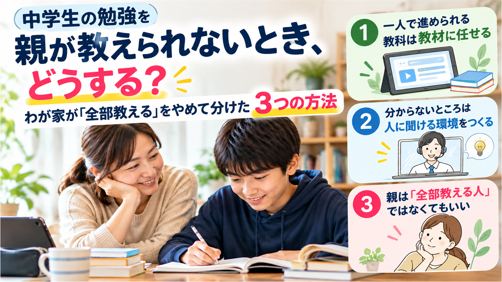 中学生が家庭で勉強し、保護者がそばで見守るイメージ